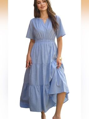 Light Blue Striped V-Neck Tiered Maxi Dress - Brand